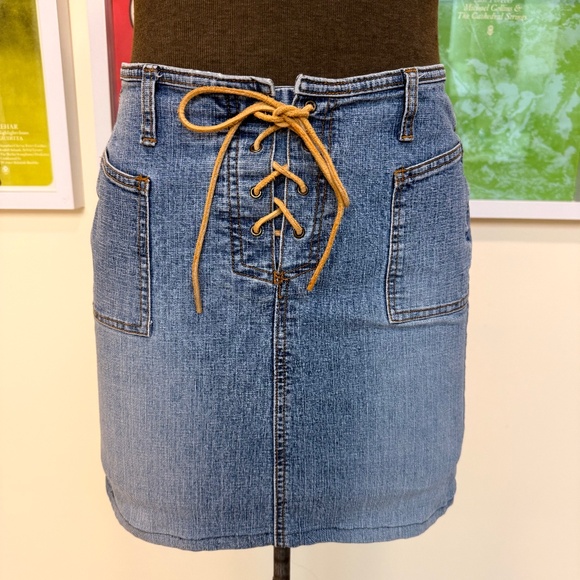 Denim Mini Skirt Leather Lace-Up Front - Picture 1 of 8